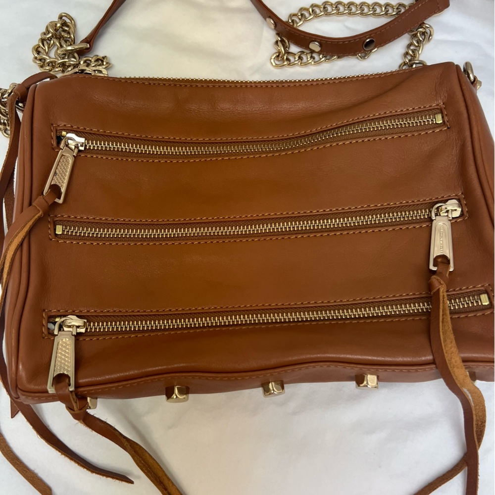 Rebecca Minkoff tan leather crossbody bag with zippers and gold details. - Picture 3 of 13